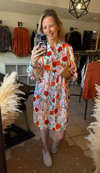 Floral 3/4 Puff Sleeve Dress with Ric Rac Trim