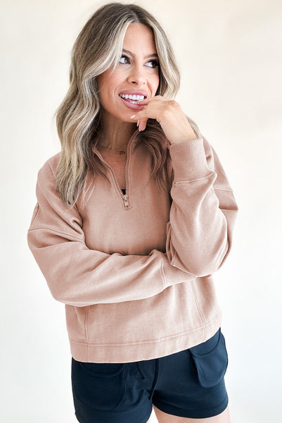 Blush Quarter Zip Pullover with Front Vertical Darting and Drop Shoulder Detailing