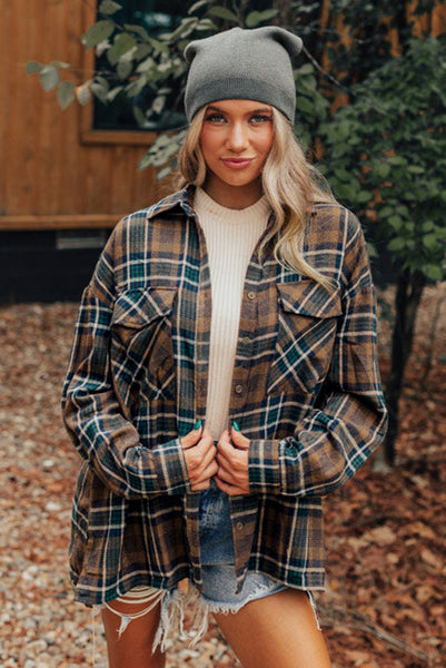 Brown and Green Plaid Button Up Flannel Top