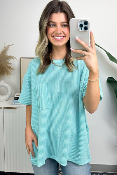 Turquoise Blue Oversized Corded Short Sleeve Top