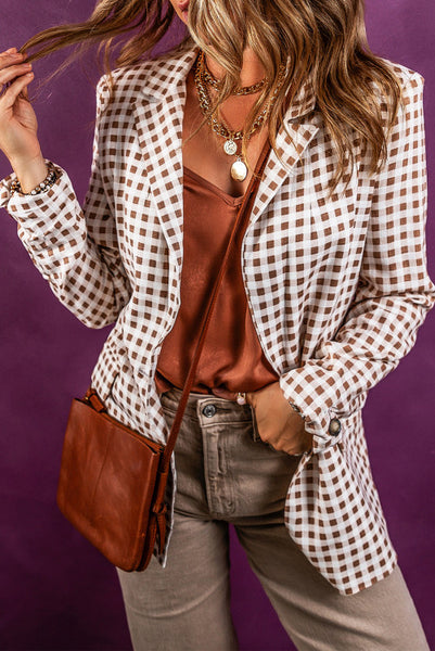 Chestnut Brown Check Print Single Button Blazer