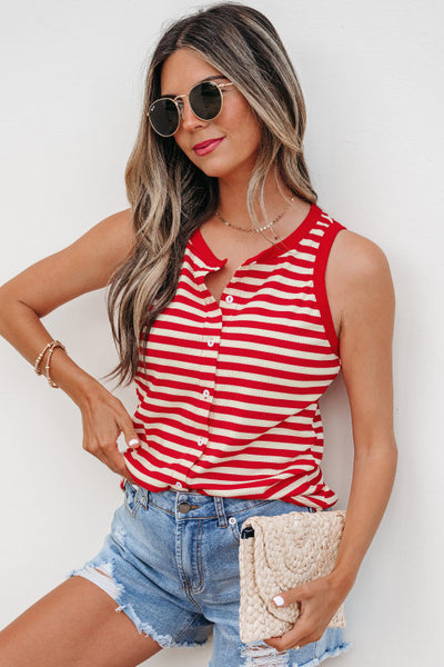 Red and Cream Striped Ribbed Button Up Tank Top