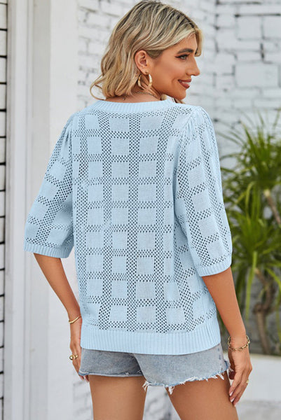 Lightweight Blue Eyelet Check Knit Summer Sweater with Half Length Sleeves