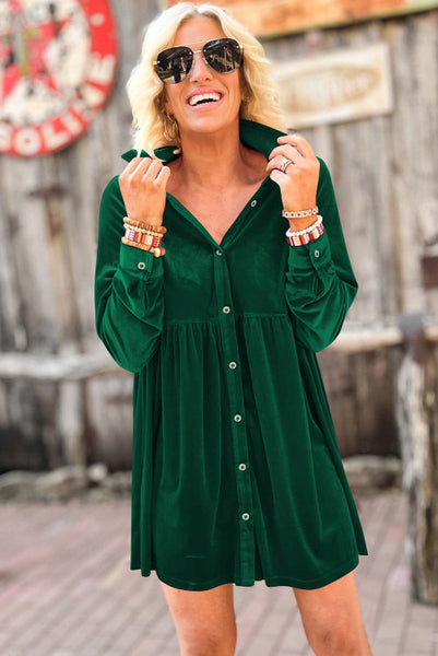 Green Long Sleeve Button Up Velvet Babydoll Dress