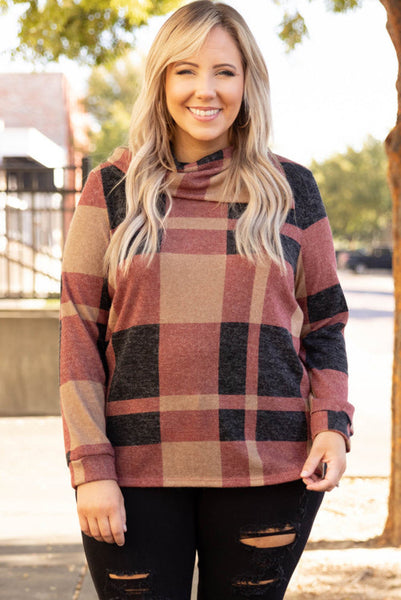 Curvy Plaid Long Sleeve Top with Asymmetric Neckline and Button Details