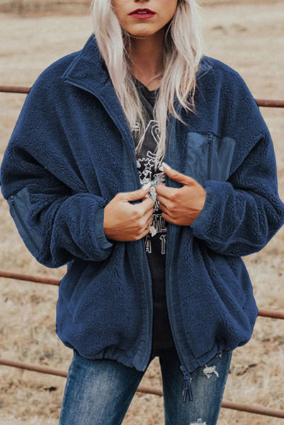 Dark Blue Fuzzy Sherpa Zip Up Jacket with Chest Pocket