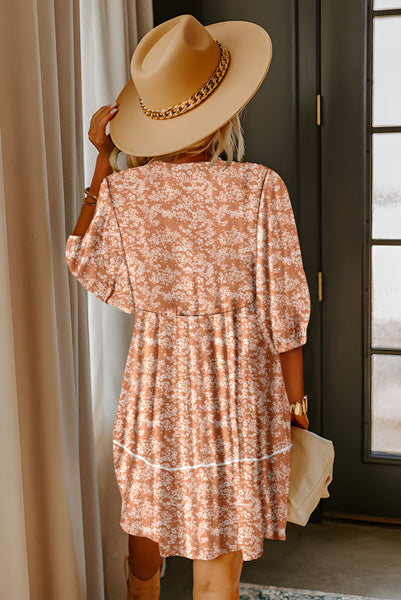 Peach Floral Contrast Trim Swing Dress with Button Tie V-Neckline