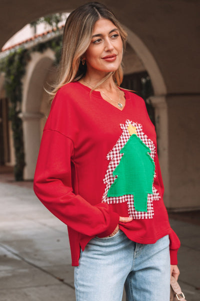 Red Notch V-Neck Layered Patchwork Christmas Tree Sweatshirt Pullover