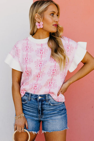 Pink and White Floral Sweater with Frill Sleeves