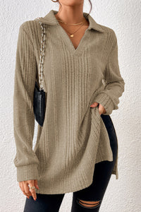 Heathered Taupe Collared Tunic with Side Slits - Ribbed