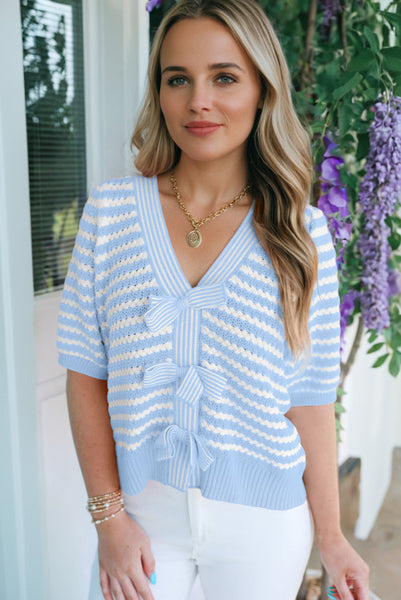 Sky Blue Striped Bow Front Sweater with Hidden Snaps