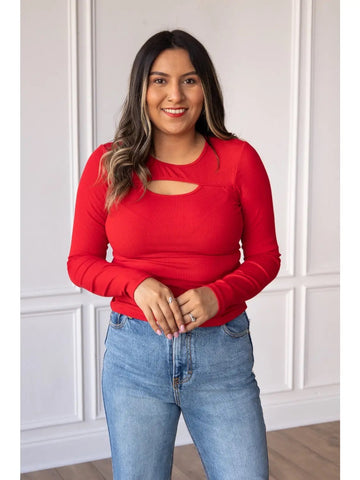 Red Long Sleeve Top with Cutout Neckline