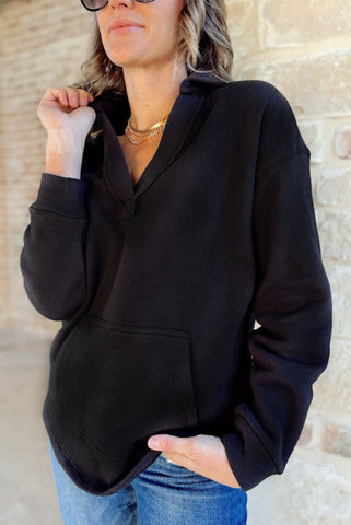 Black Collared Pullover with Kangaroo Pocket