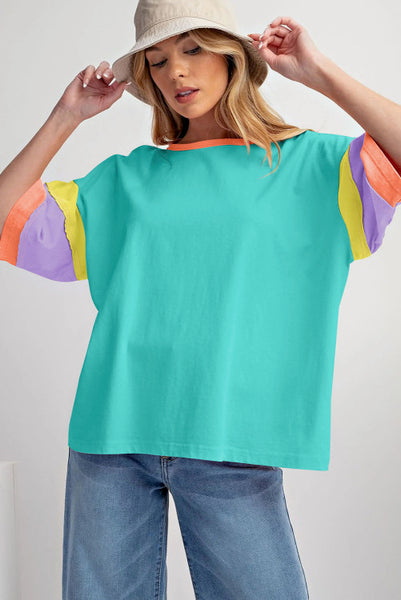 Aqua Colorblock Stitched Sleeve Short Sleeve Relaxed Fit Tee