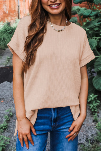 Beige Ribbed Textured Short Sleeve Top