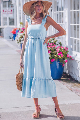 Light Blue Ruffle Trim Midi Dress
