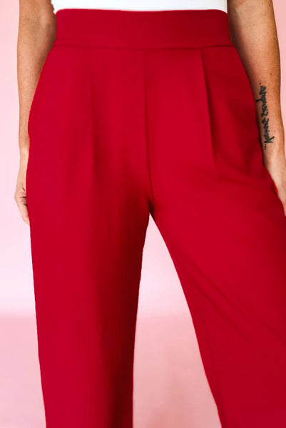 Red Pleated Detail Pull-On High Rise Pants with Elastic Waist