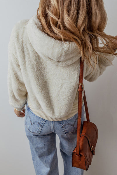 Snowy White Fuzzy Shorter Length Hooded Pullover