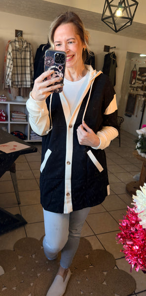 Black Button Up Hooded Jacket with Patchwork Contrasting Waffle Knit Details