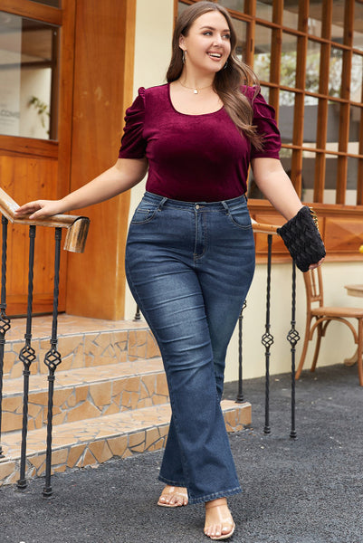 Curvy Burgundy Short Sleeve Velvet Top