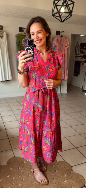 Rose Pink Floral Ruffle Sleeve Belted Midi Dress