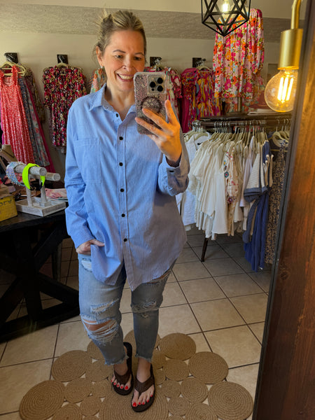 Blue Pinstripe Loose Fit Button Up Top with Roll Tab Sleeves