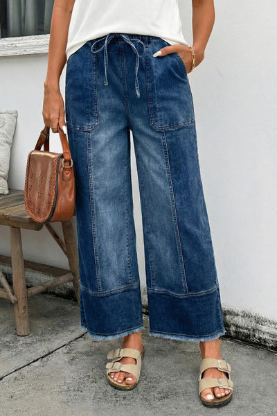 Dark Wash Drawstring Waist Raw Hem Wide Leg Denim Ankle Length Jeans