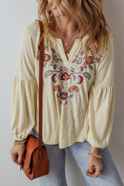 Paisley Floral Embroidered Boho Long Sleeve Top with Notch V-Neck