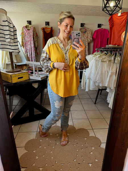 Yellow Plaid and Floral Top