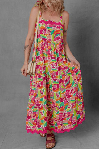 Colorful Ric Rac Trimmed Maxi Dress with Adjustable Tying Straps
