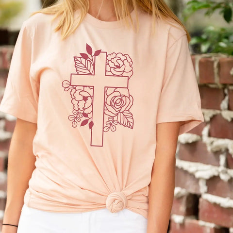 Cross with Flowers - Pink - Bella Canvas Tee