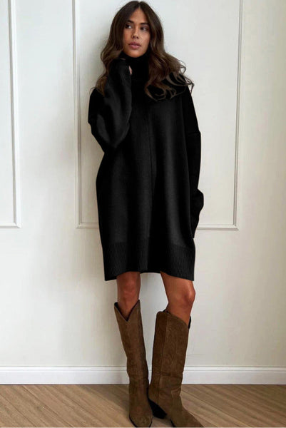 Black Turtleneck Sweater Dress with Seam Details