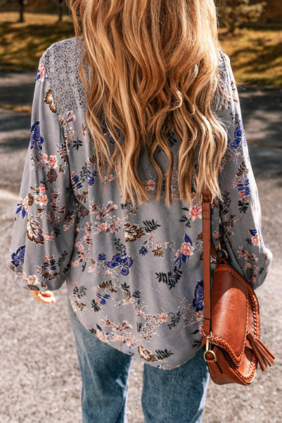 Gray Lace and Floral V-neck Knot Front Top