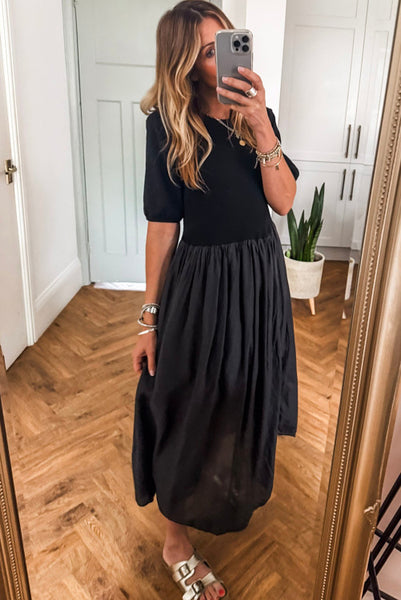 Black Short Sleeve Knit Top Patchwork Maxi Dress