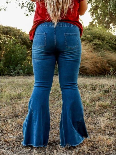 Pull-On Flare Jeans with Raw Distressed Hem