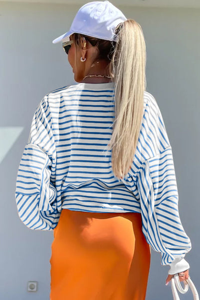 Blue and White Striped Loose Fitting Pullover