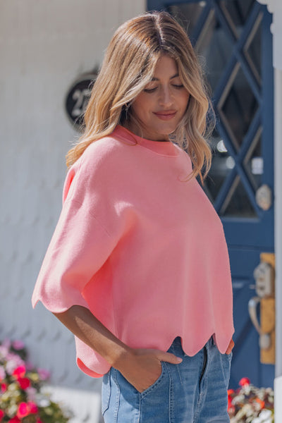 Pink Scalloped Edge Half Sleeve Spring Sweater