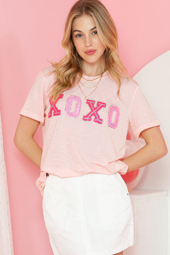 Light Pink Sequin Edged XOXO Short Sleeve Tee - Valentine’s Day Shirt- V Day
