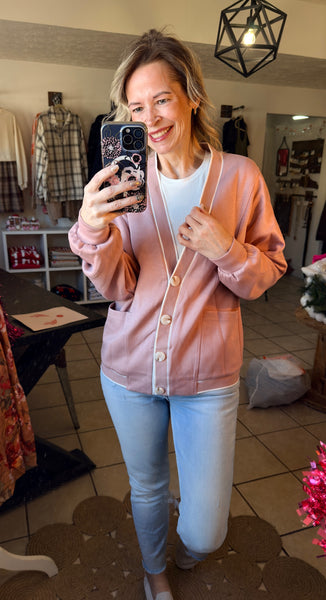 Soft Pink Button Front Grandpa Cardigan with Contrast Stripes