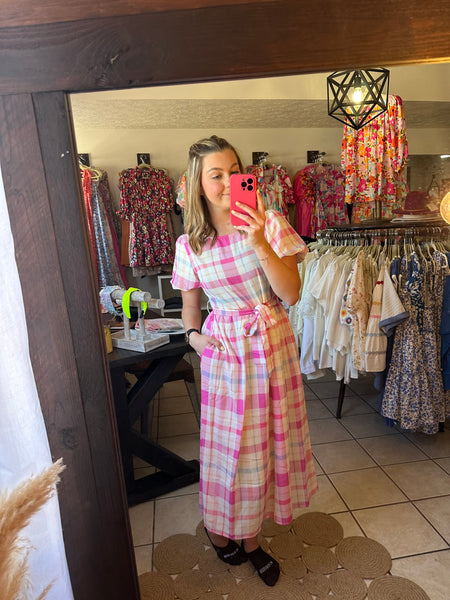 Pink Plaid Checkered Midi Belted Dress with Puff Sleeves