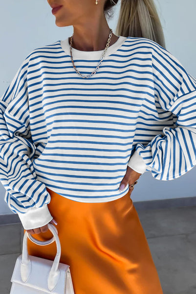 Blue and White Striped Loose Fitting Pullover