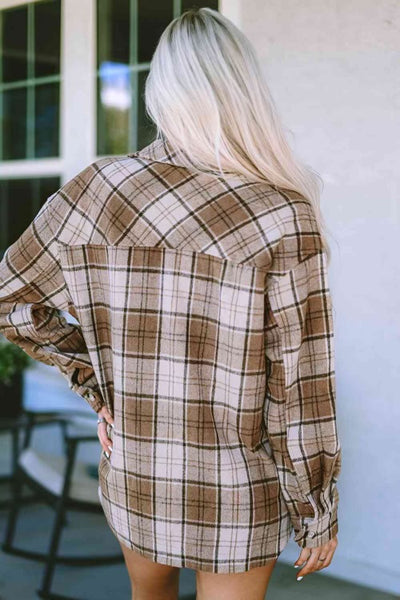 Brown Plaid Button Up Shacket with Slant Pockets