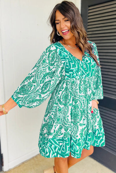 Teal Green Boho Print Dress with Puff Sleeves