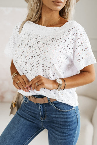 Eyelet Short Sleeve Wide Neck Top