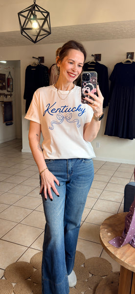 White Tee with Royal Blue Kentucky and Bow Graphic