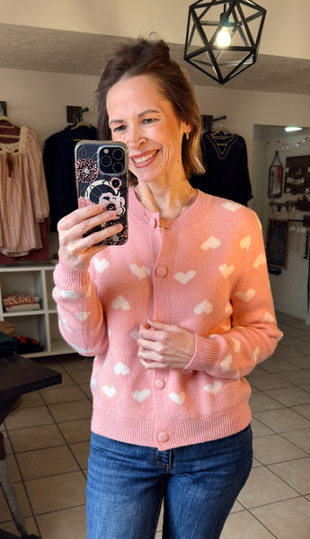 Pink Button Front Heart Pattern Cardigan