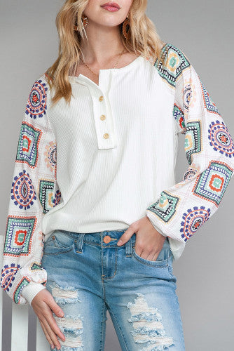 Ribbed White Henley with Colorful Geometric Sleeves