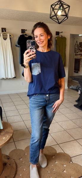 Navy Blue Tee with Functional Faux Denim Patch Pocket