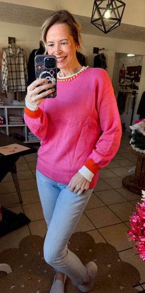 Pink Contrast Trim Sweater with Pearl Embellishments