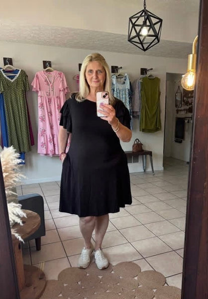 Black Ruffle Sleeve Dress with Pockets